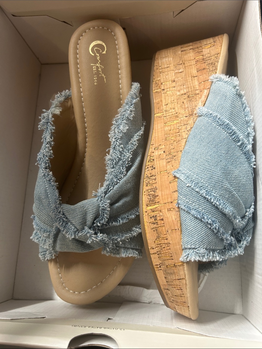 Cato Light Blue Denim Knot Cork Wedge Slides box
